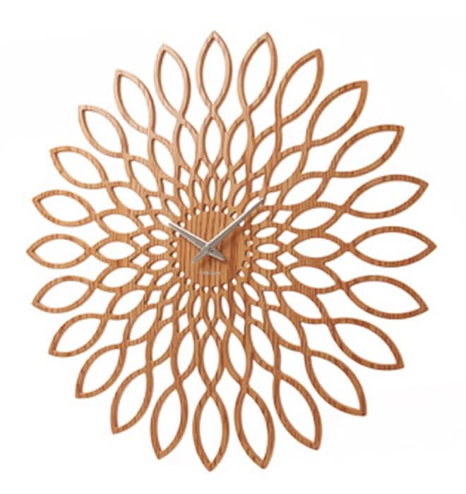 Horloge murale avec motif tournesol en bois et aiguilles, cadran rond