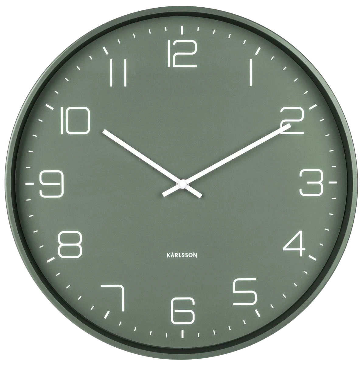 Horloge murale Karlsson avec cadran vert, chiffres blancs et cadre en métal, ronde