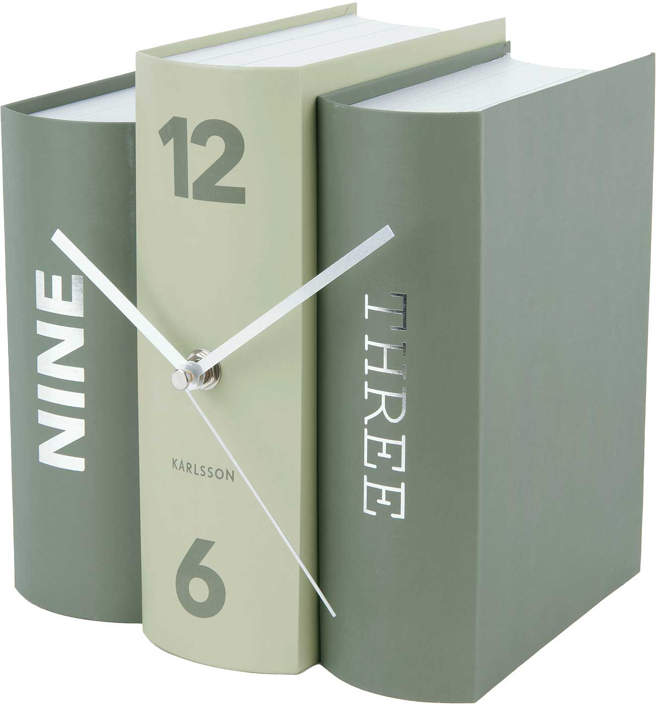 Réveil en forme de livre, pages vert menthe avec chiffres 12 et 6 et aiguilles