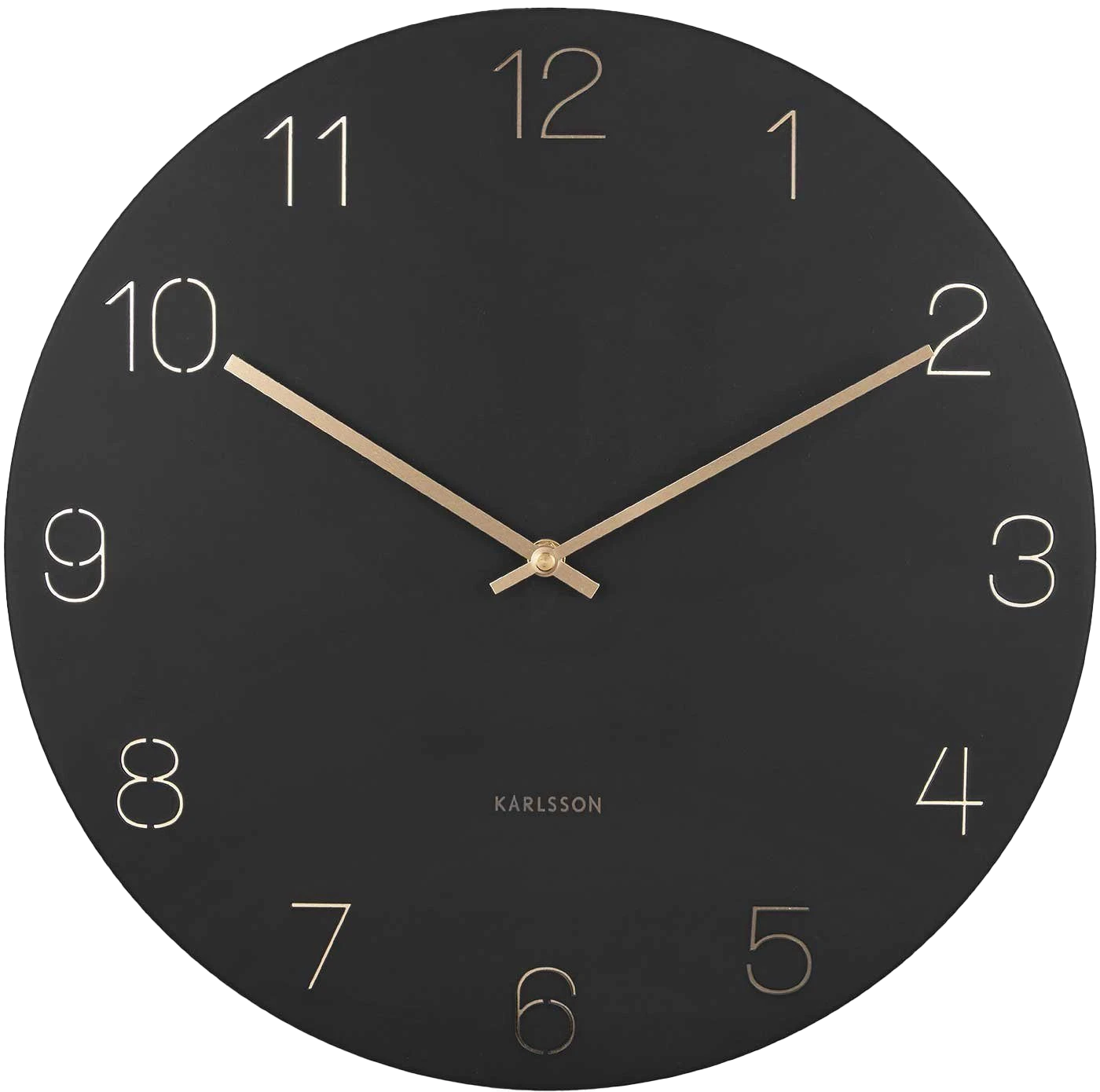 Horloge murale Karlsson avec cadran noir, aiguilles dorées et chiffres arabes