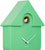 Horloge murale nichoir en plastique vert, détail avec ouverture et aiguilles