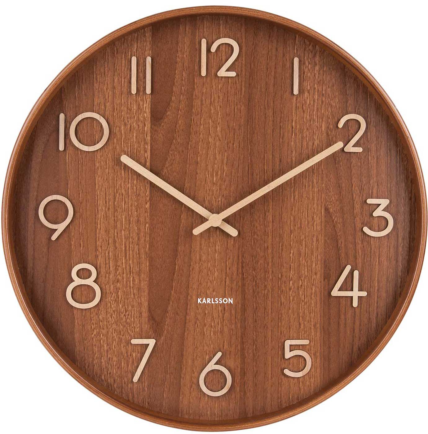 Horloge murale en bois avec chiffres et aiguilles argentés, design rond en bois