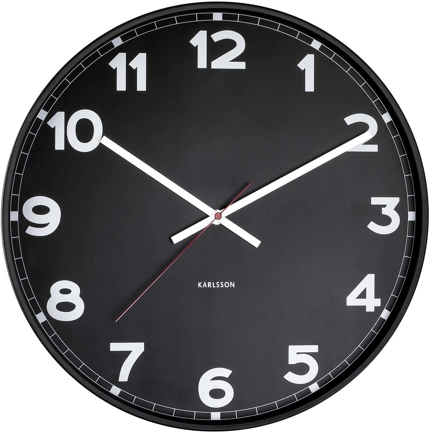 Horloge murale ronde avec cadran noir, aiguilles blanches et échelle des minutes sur le bord