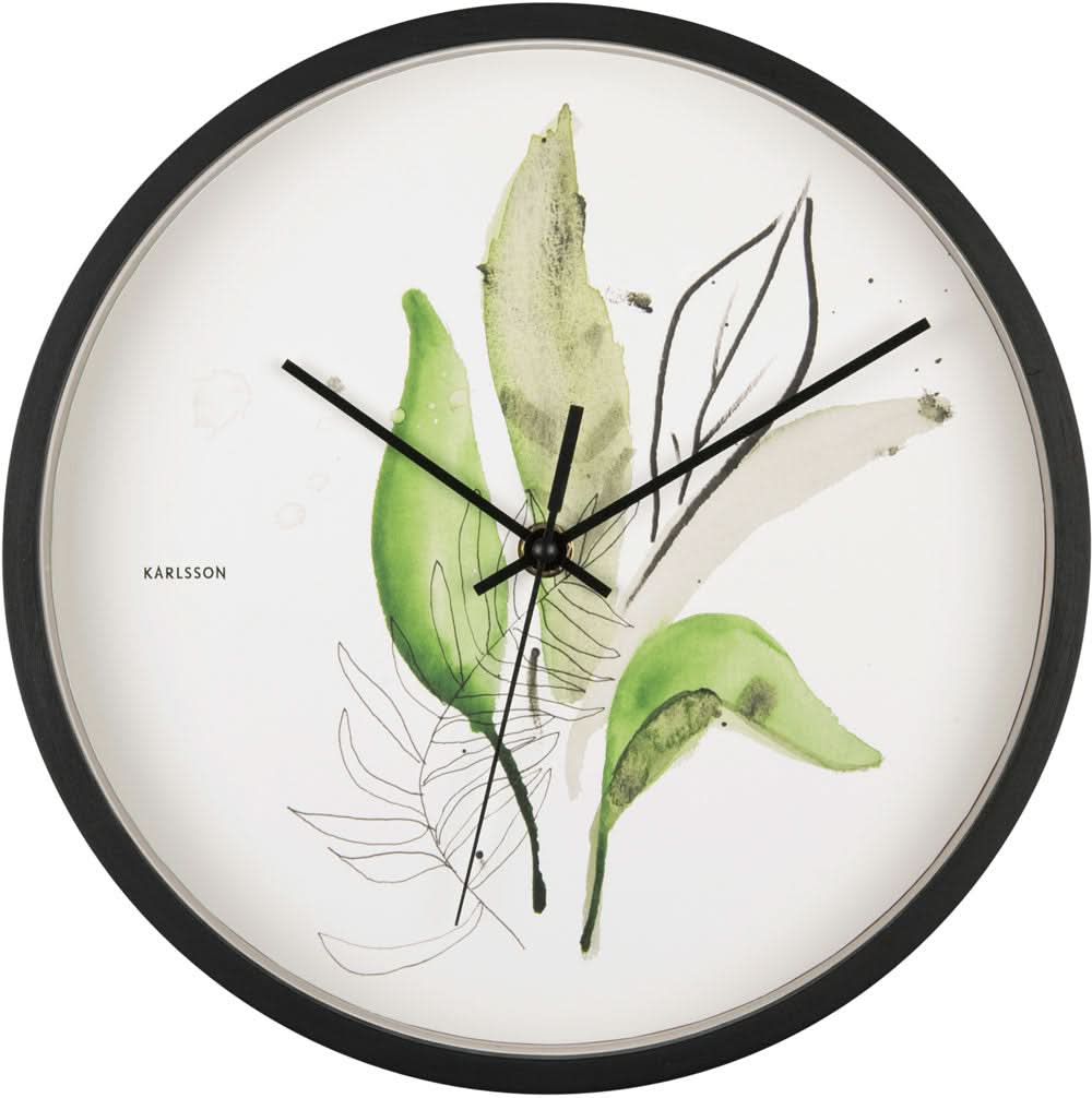 Wanduhr mit botanischen Blättern, schwarzem Rand, Zeiger auf weißem Zifferblatt