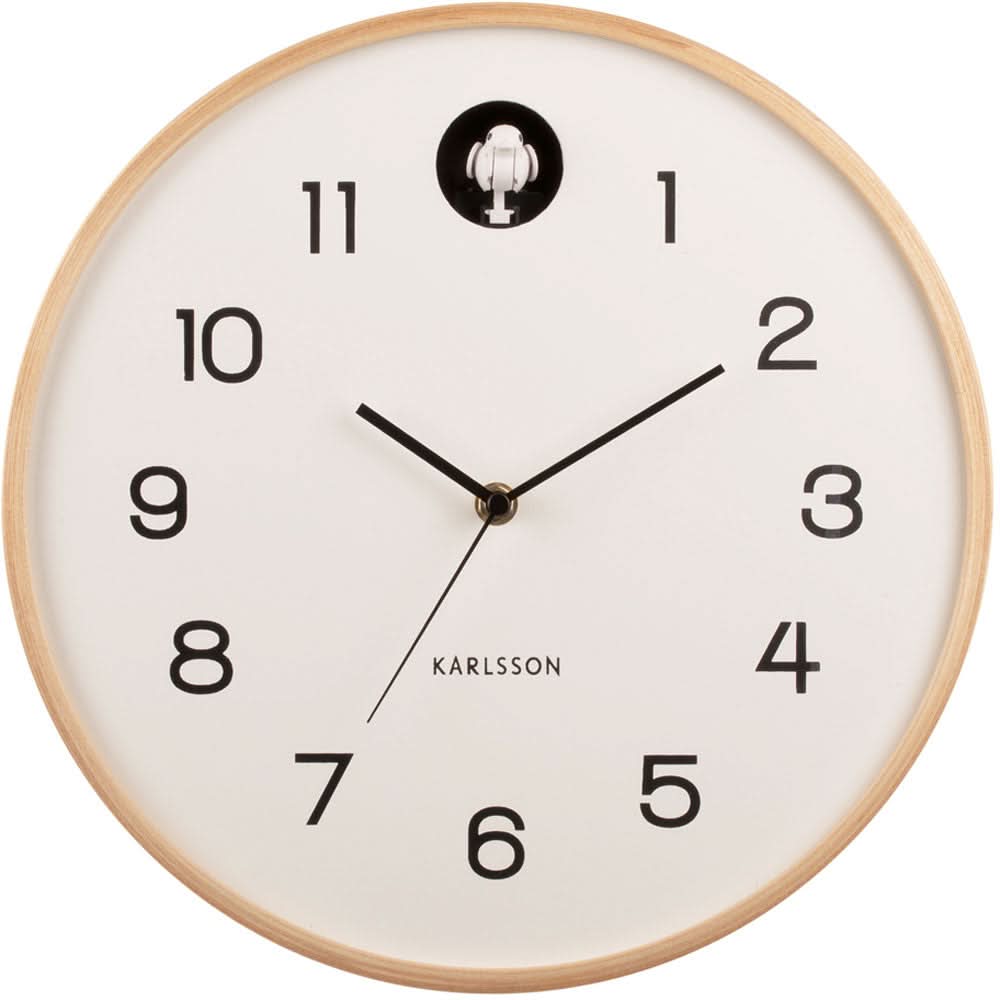 Horloge murale Karlsson 31,5 cm Ø bois • Cri du coucou intégré • Mouvement à quartz silencieux
