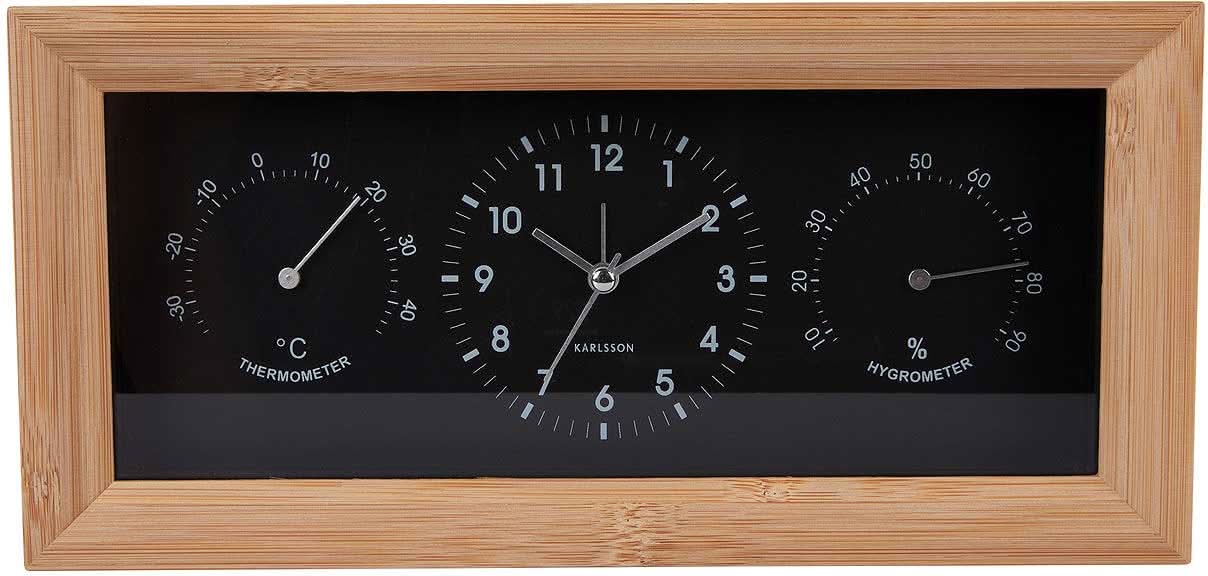 Réveil analogique rectangulaire avec cadre en bambou, cadran noir avec affichage thermomètre et hygromètre