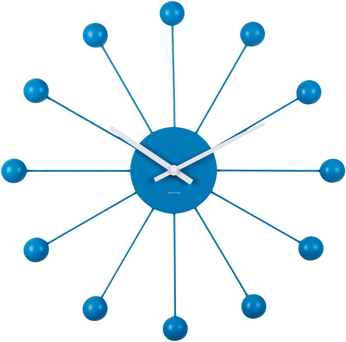 Horloge murale avec cadran rond bleu, aiguilles blanches et 12 index sphériques