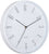 Horloge murale ronde avec cadran blanc, aiguilles noires et index bâtons, cadre en plastique.