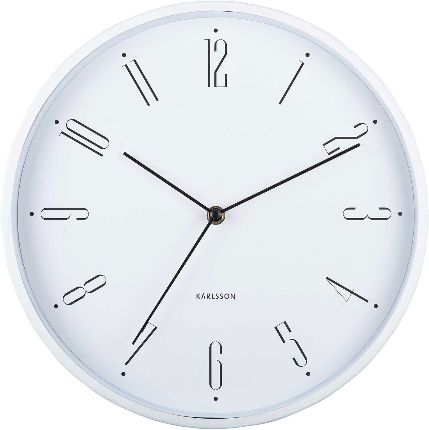 Horloge murale ronde avec cadran blanc, aiguilles noires et index bâtons marqués.