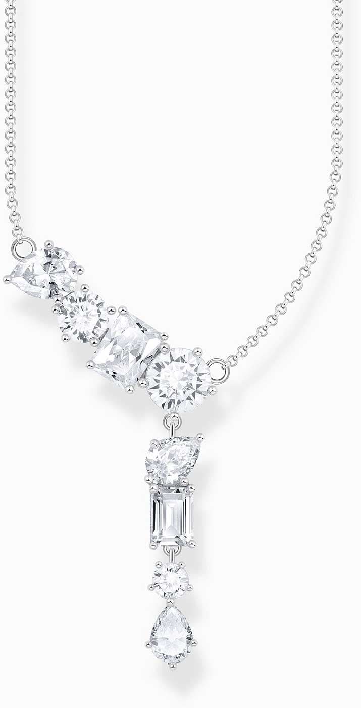 Collier en Y avec pierres scintillantes et pendentif goutte, couleur argentée