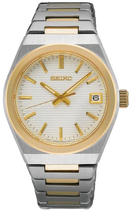 Montre pour femme : bracelet en acier inoxydable argenté, lunette dorée, cadran blanc, guichet date