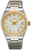 Montre pour femme : bracelet en acier inoxydable argenté, lunette dorée, cadran blanc, guichet date