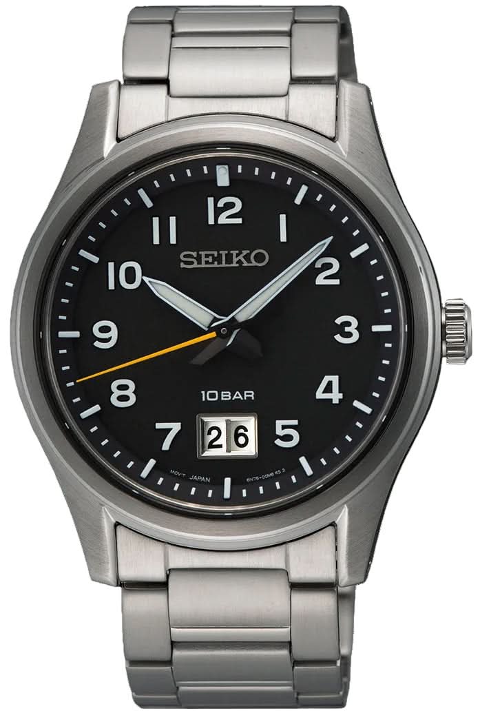 Montre Seiko pour femme avec bracelet en acier, cadran noir, guichet date à 3h
