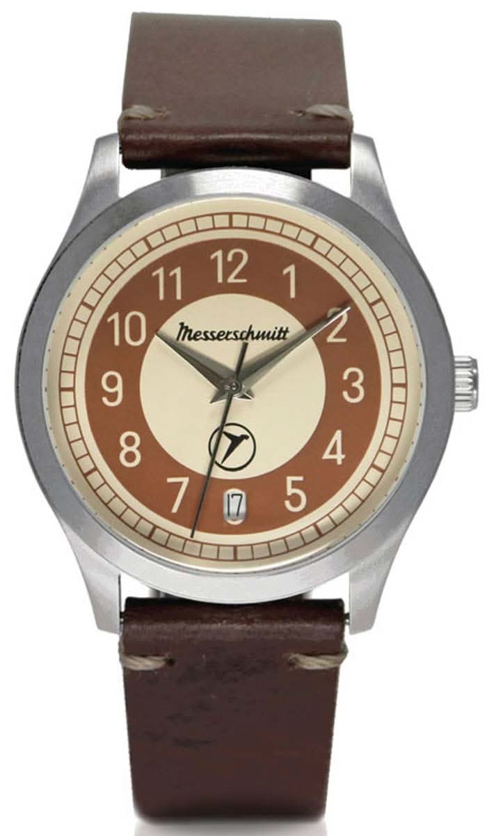 Messerschmitt Unisex-Uhr mit braunem Lederband und beigem Zifferblatt, analog