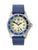 Montre avec bracelet en silicone bleu, boîtier argenté et cadran clair avec points luminescents