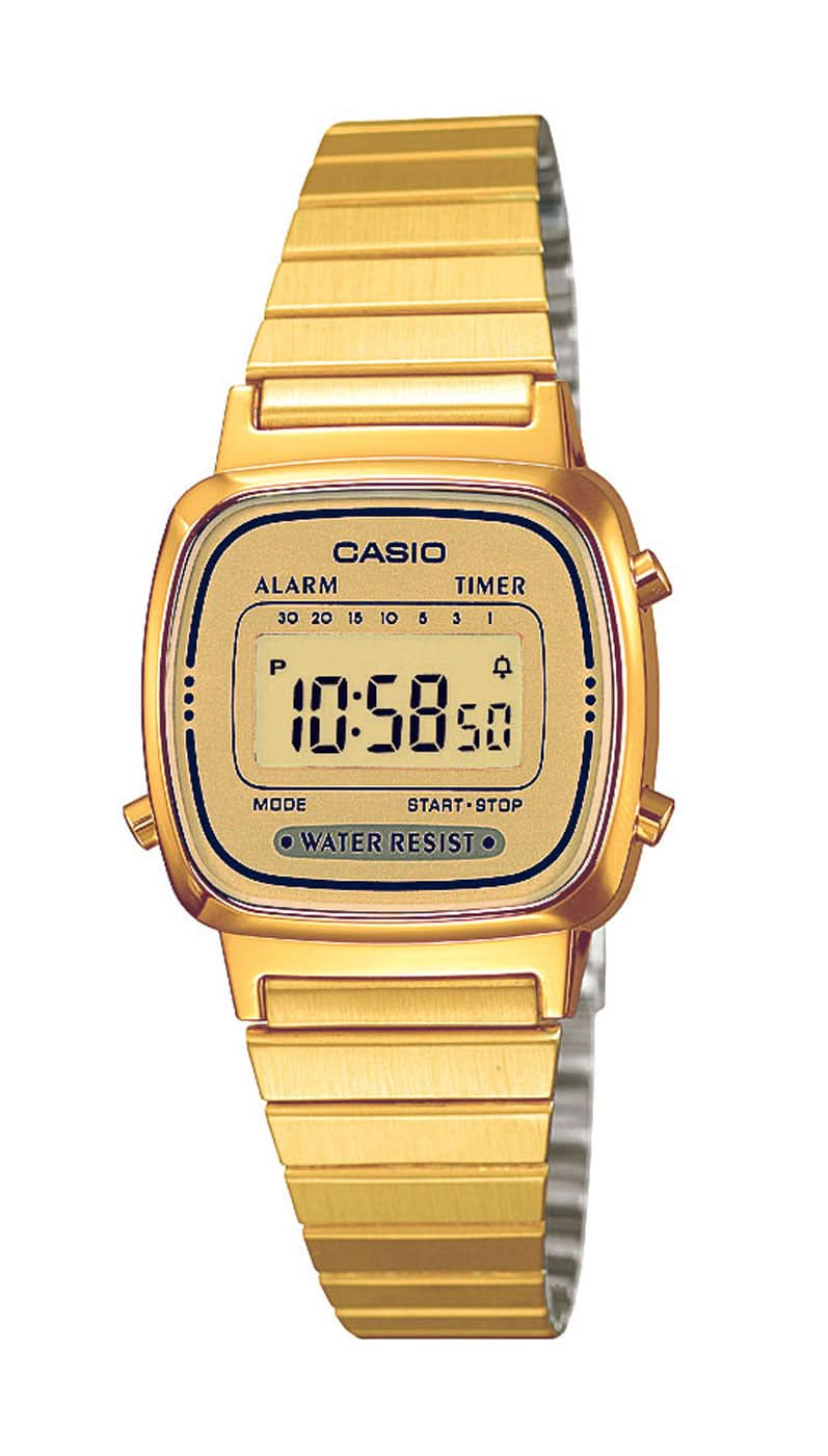 Montre Casio pour femme avec bracelet en acier inoxydable doré et affichage numérique, chronomètre/minuteur.