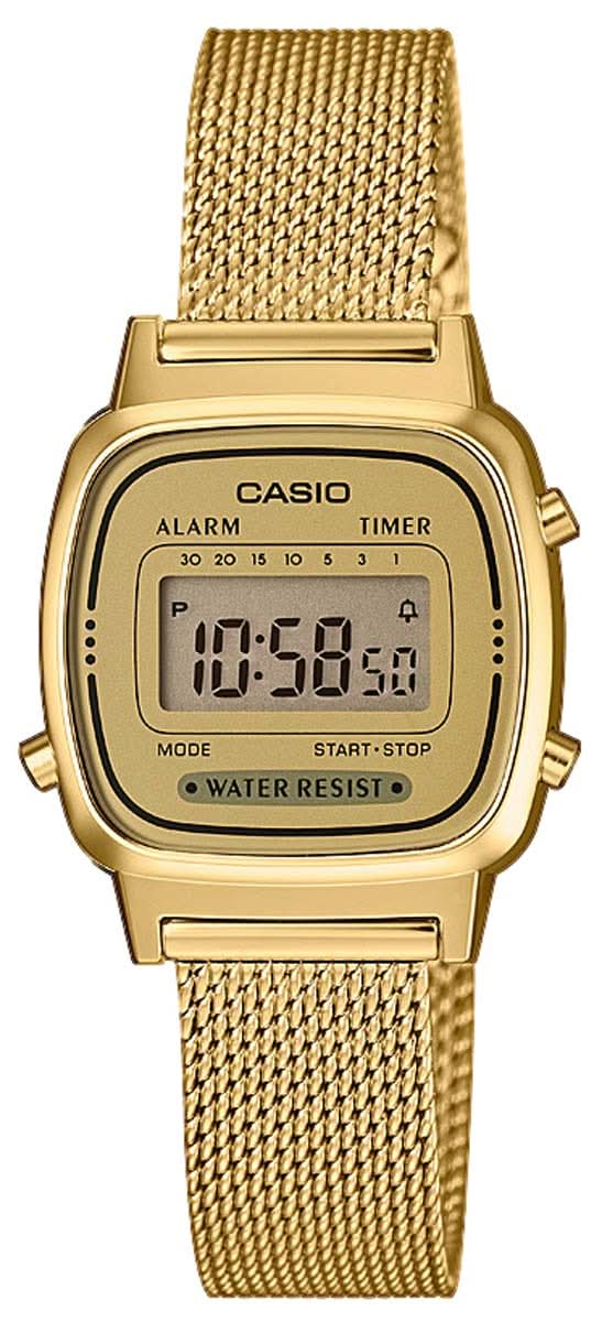 Damenuhr mit goldfarbenem Mesh-Armband und digitalem Display, Alarm- und Timeranzeige