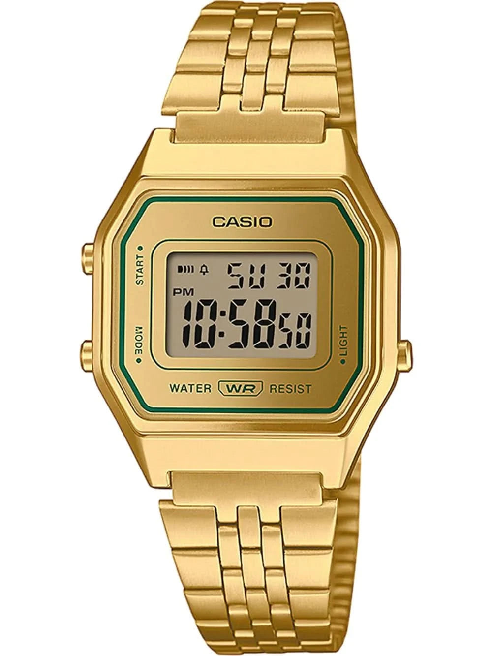 Montre Casio pour femme avec bracelet en acier inoxydable doré et affichage numérique, accents verts