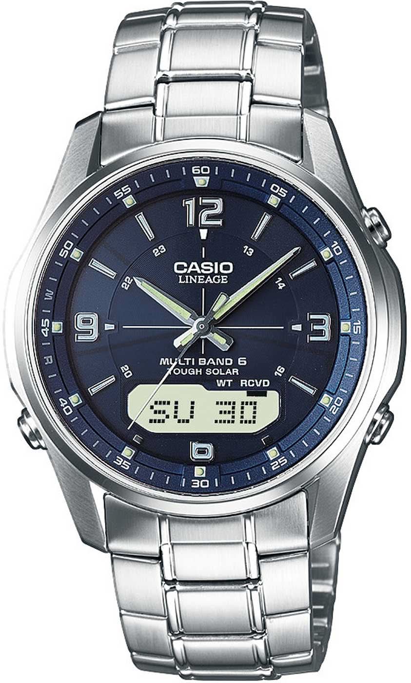 Montre Casio pour homme avec cadran bleu, bracelet en acier et affichage de la réception radio