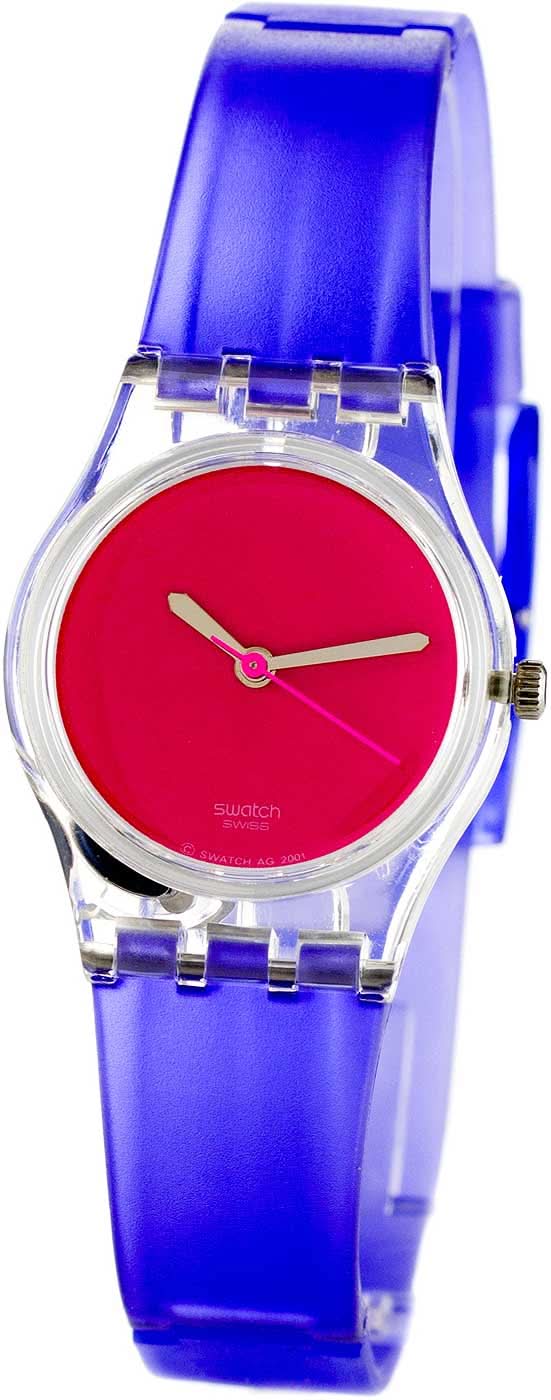 Montre pour femme avec bracelet bleu, cadran rouge et boîtier argenté, affichage analogique de l'heure