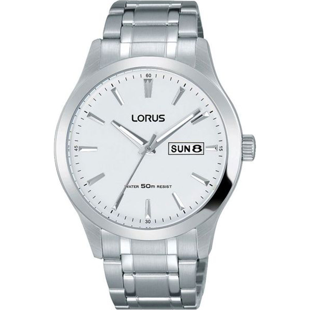 Lorus Herrenarmbanduhr mit Edelstahlarmband, rundem weißem Zifferblatt und Tag-Datum-Anzeige