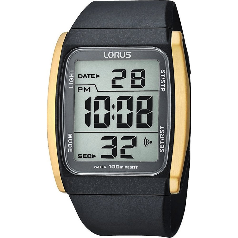Schwarze Lorus Digitaluhr mit LCD-Display, goldfarbenen Seiten und Datumsanzeige