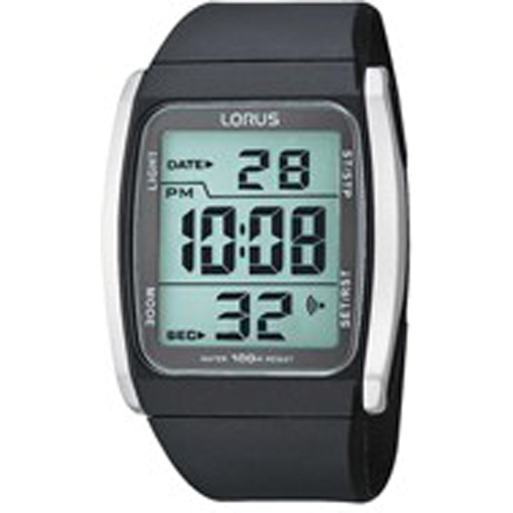 Lorus Herren-Digitaluhr mit Chronograph, schwarzem Silikonarmband und Edelstahlgehäuse