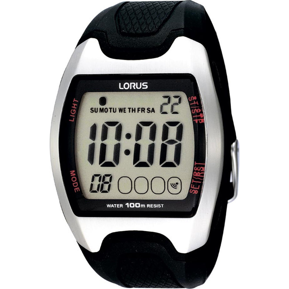Lorus digitale Herrenarmbanduhr in Schwarz mit schwarzem Kautschukband und Digitalanzeige