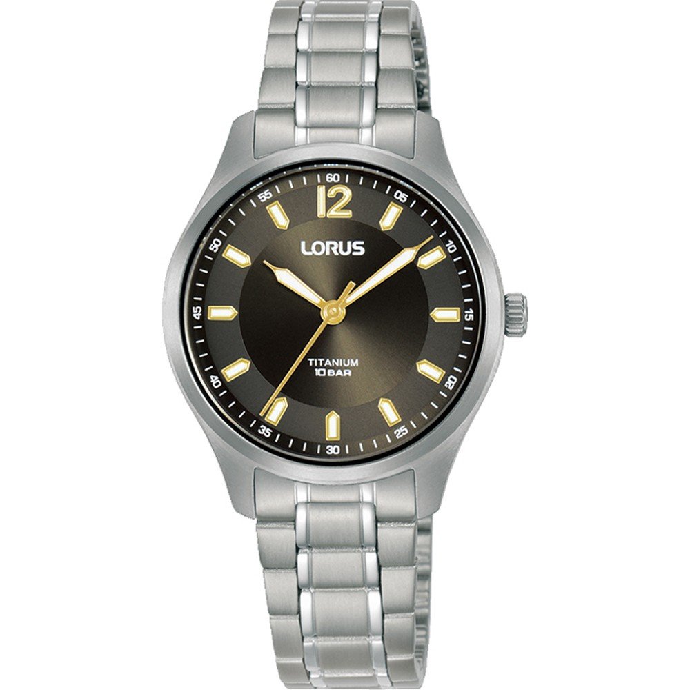 Damenarmbanduhr Lorus Classic mit Quarzwerk, schwarzem Zifferblatt, goldenen Zeigern & Metallband