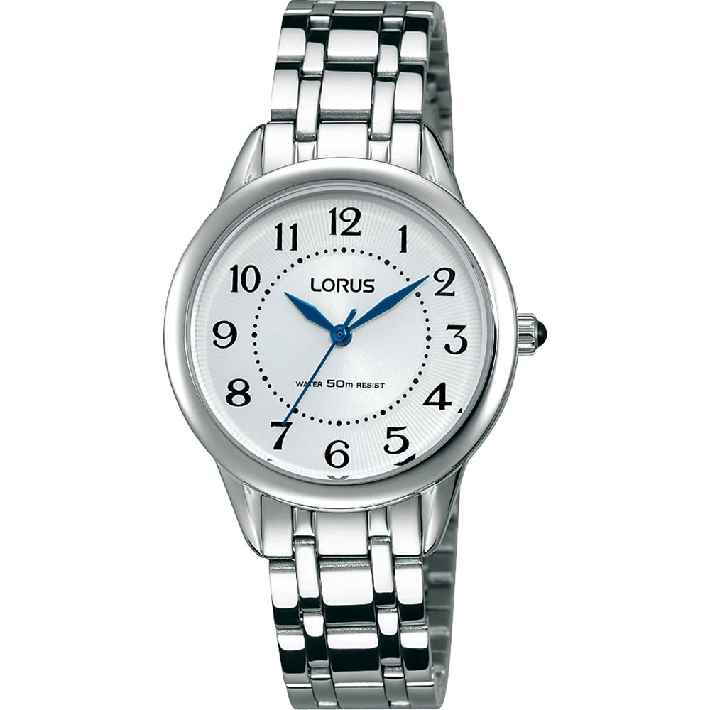 Lorus Classic Damenarmbanduhr mit Edelstahlband, rundem silbernem Gehäuse und blauen Zeigern