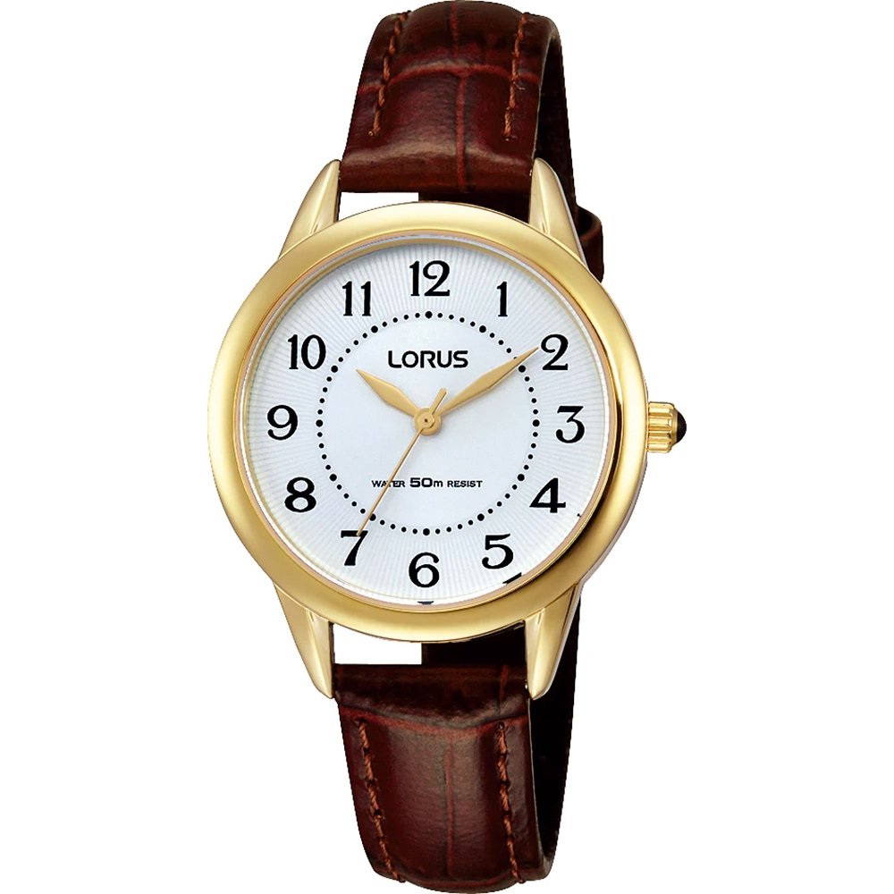Lorus Damenarmbanduhr mit rundem goldfarbenem Gehäuse, braunem Lederband und Mineralglas