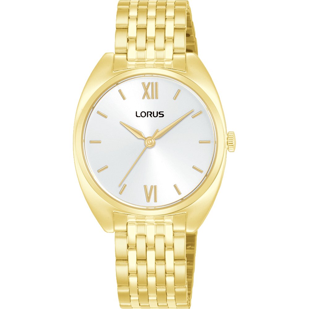 Damen-Armbanduhr mit goldfarbenem Edelstahlarmband und rundem Ziffernblatt mit römischen Zahlen