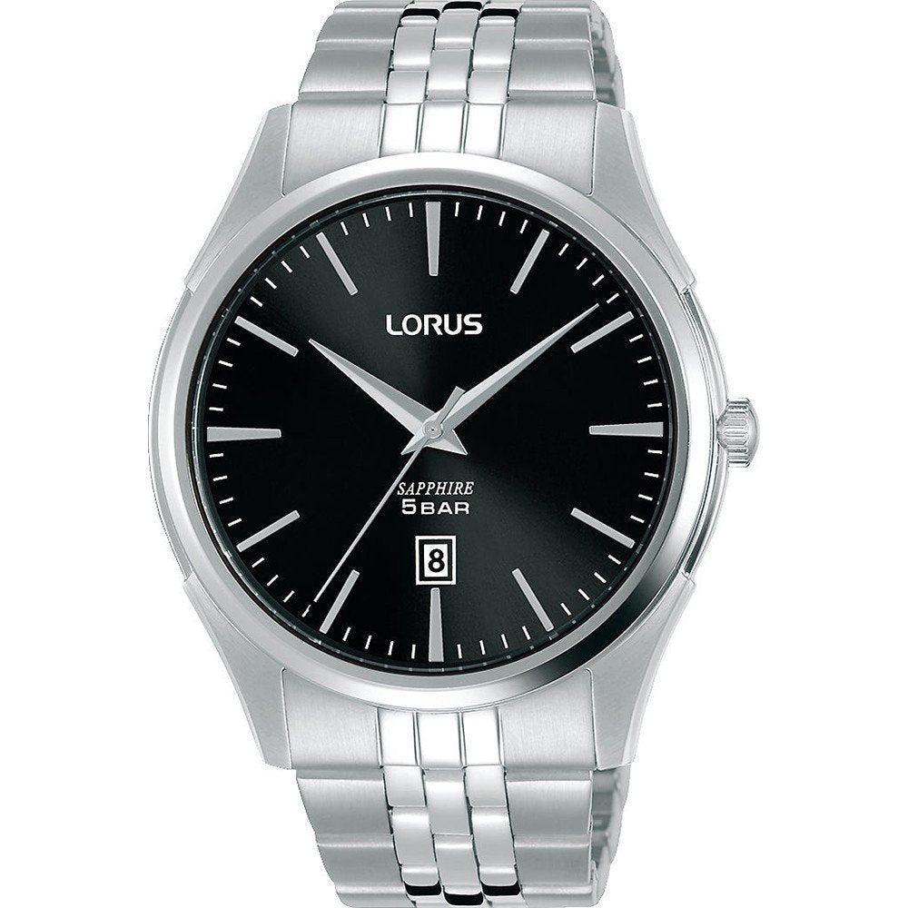 Herrenarmbanduhr von Lorus mit Edelstahlband, schwarzem Zifferblatt und Saphirglas
