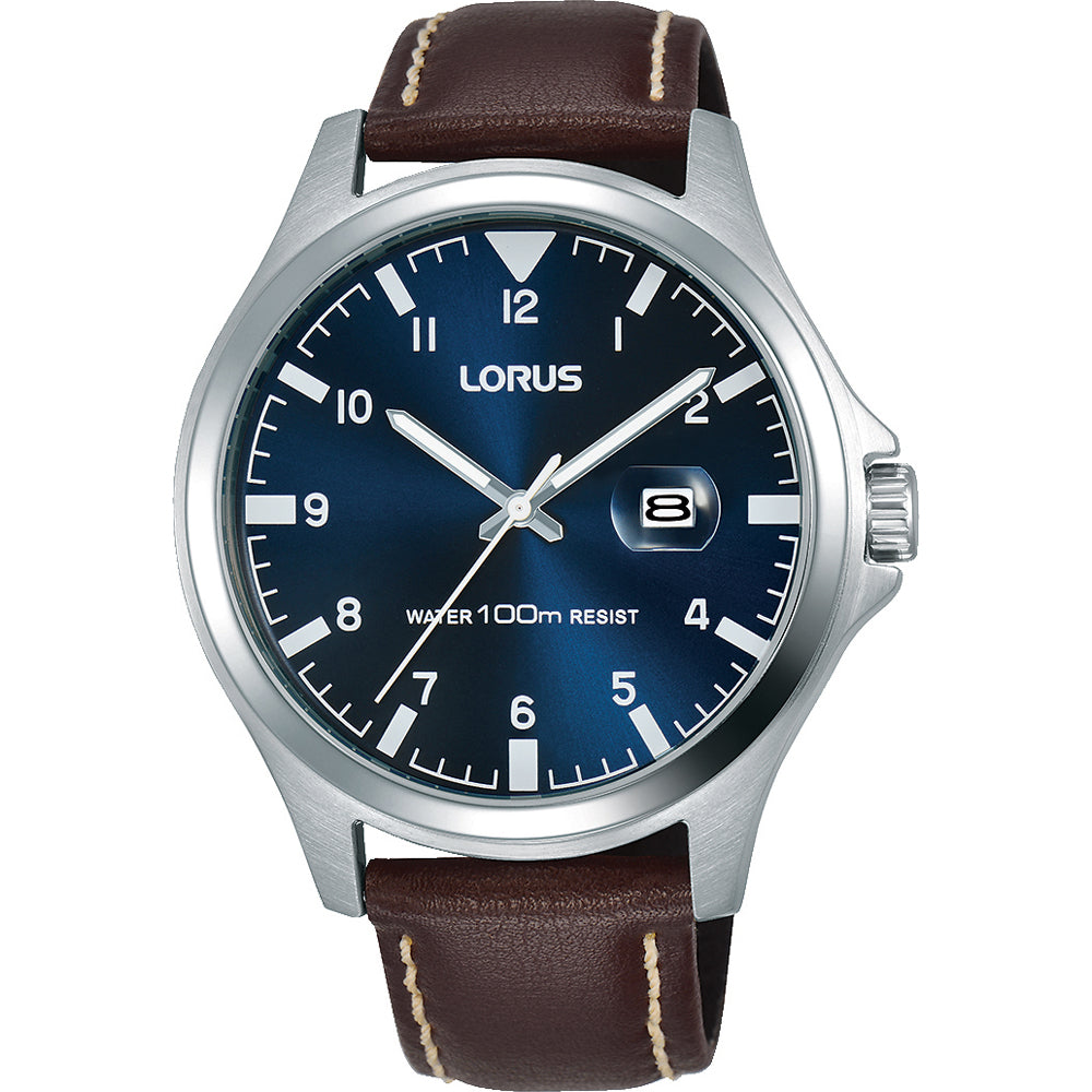 Lorus Herrenarmbanduhr mit blauem Zifferblatt und braunem Lederband, silbernes Gehäuse
