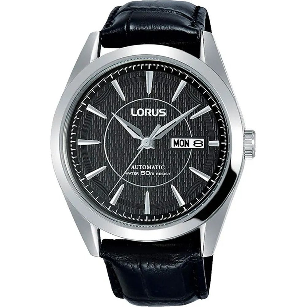 Lorus Herrenarmbanduhr mit schwarzem Lederband, rundem Gehäuse und schwarzem Zifferblatt mit Datum