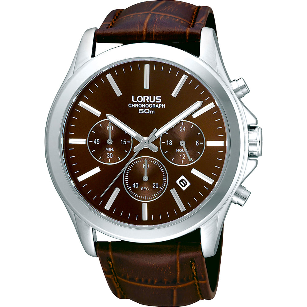 Herrenchronograph Lorus Uhr mit braunem Lederarmband, rundem braunen Zifferblatt und silbernem Gehäuse