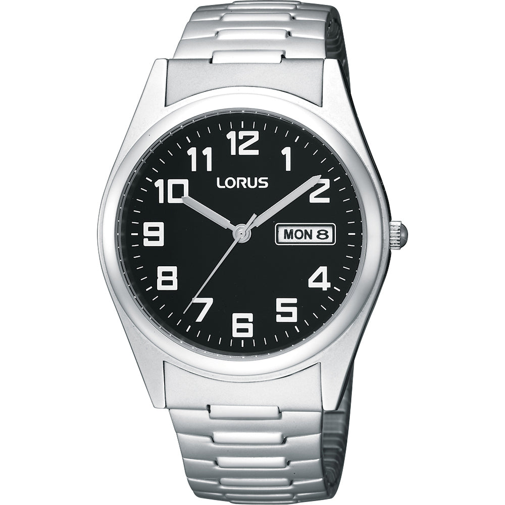 Lorus Herrenarmbanduhr mit schwarzem Zifferblatt, Tag/Datum-Fenster und Edelstahlarmband