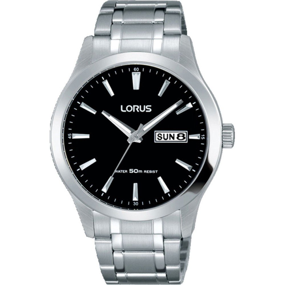 Herren-Armbanduhr von Lorus mit schwarzem Ziffernblatt und Edelstahlarmband