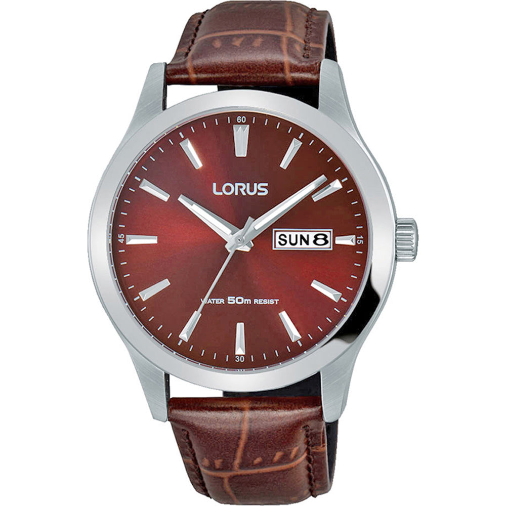 Lorus Herren-Armbanduhr mit Lederarmband, rundem rotbraunem Zifferblatt und Datumsanzeige