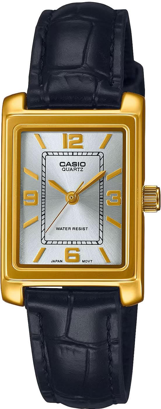 Montre Casio pour femme avec boîtier carré doré, cadran clair et bracelet en cuir bleu foncé