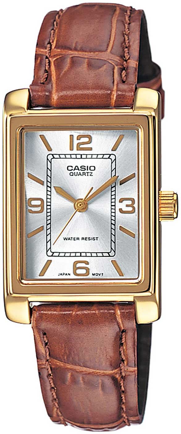 Montre Casio pour femme avec bracelet en cuir marron, boîtier doré et cadran blanc