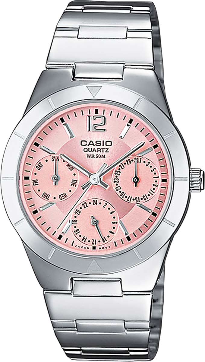Casio Damenuhr mit silbernem Metallarmband und rundem Zifferblatt mit rosafarbenen Details