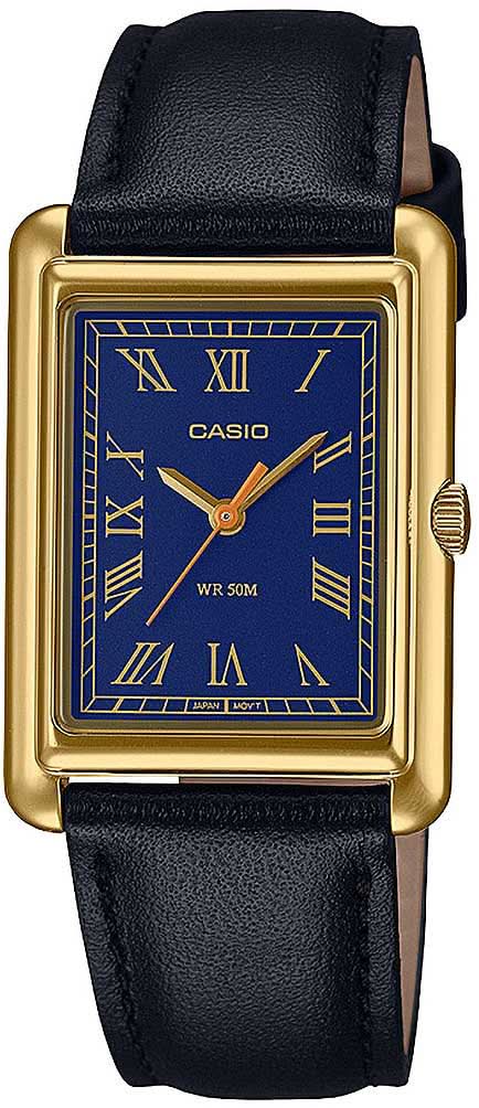 Casio montre femme avec boîtier doré, cadran bleu et bracelet en cuir noir
