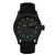 Montre homme avec boîtier noir, cadran sombre et bracelet en tissu noir