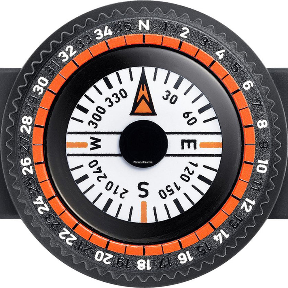 Armband-Kompass mit schwarzem Ziffernblatt und orangener Umrandung