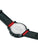 Herrenarmbanduhr Rückseite mit schwarzer Schraubabdeckung und rotem Textilband