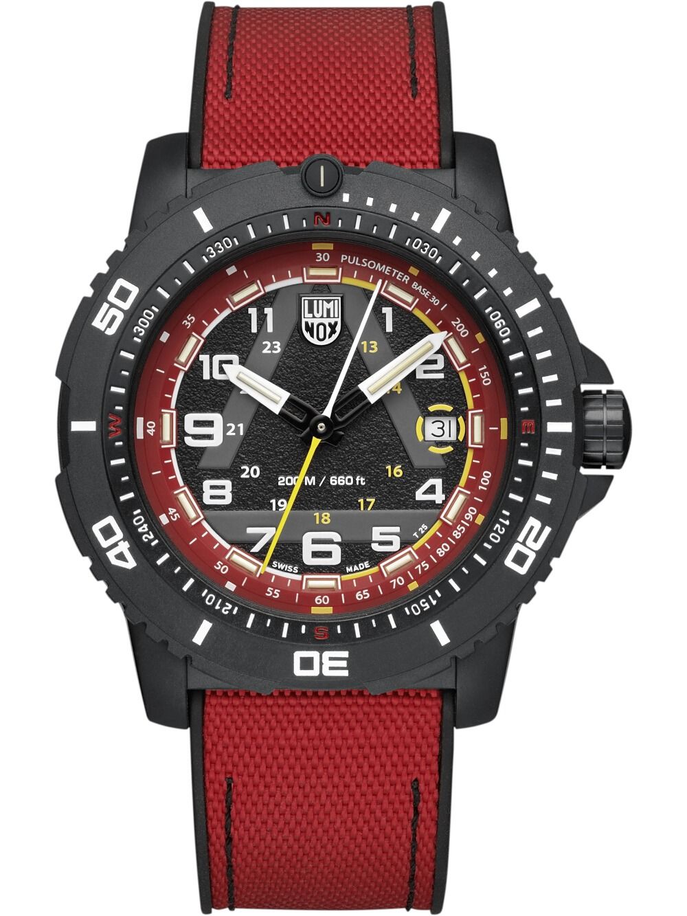 Herrenarmbanduhr mit schwarzem Gehäuse, rotem Textilband und analogem Schwarz-Rot-Zifferblatt