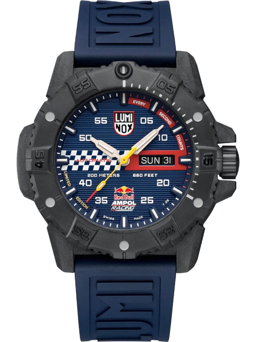 Herrenuhr mit blauem Silikonband und schwarzem Gehäuse, blaues Zifferblatt mit roten Akzenten
