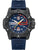 Herrenuhr mit blauem Silikonband und schwarzem Gehäuse, blaues Zifferblatt mit roten Akzenten