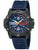 Herrenuhr mit blauem Silikonband, schwarzem Gehäuse und blauem Zifferblatt mit Rotmarkierungen